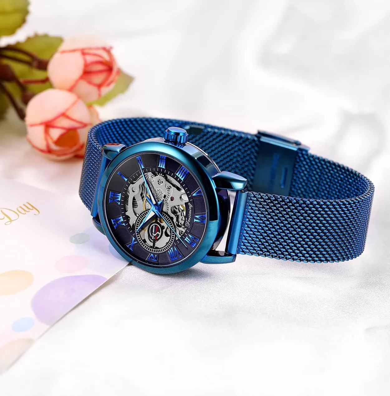 Gosasa Women's Skeleton Watch Fashion Hollow Mechanical Watch Hand-Wind Mesh Strap Luminous Roman Numeral Casual Ladies Wristwatch