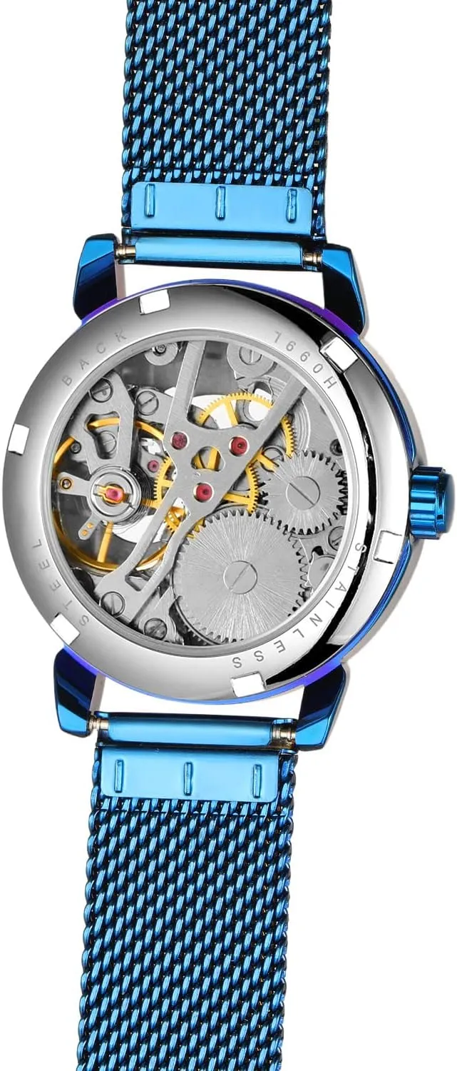 Gosasa Women's Skeleton Watch Fashion Hollow Mechanical Watch Hand-Wind Mesh Strap Luminous Roman Numeral Casual Ladies Wristwatch