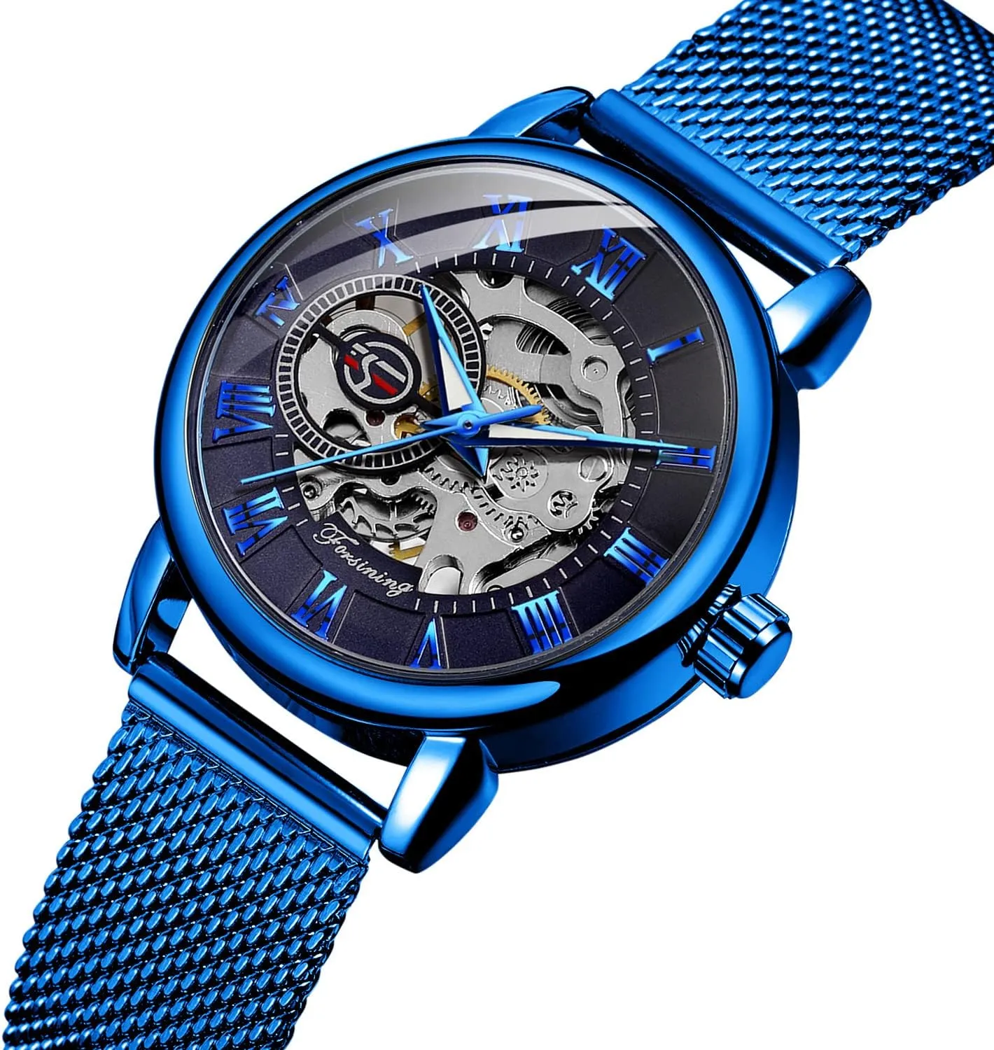 Gosasa Women's Skeleton Watch Fashion Hollow Mechanical Watch Hand-Wind Mesh Strap Luminous Roman Numeral Casual Ladies Wristwatch