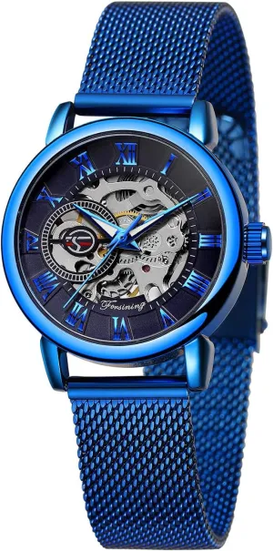 Gosasa Women's Skeleton Watch Fashion Hollow Mechanical Watch Hand-Wind Mesh Strap Luminous Roman Numeral Casual Ladies Wristwatch