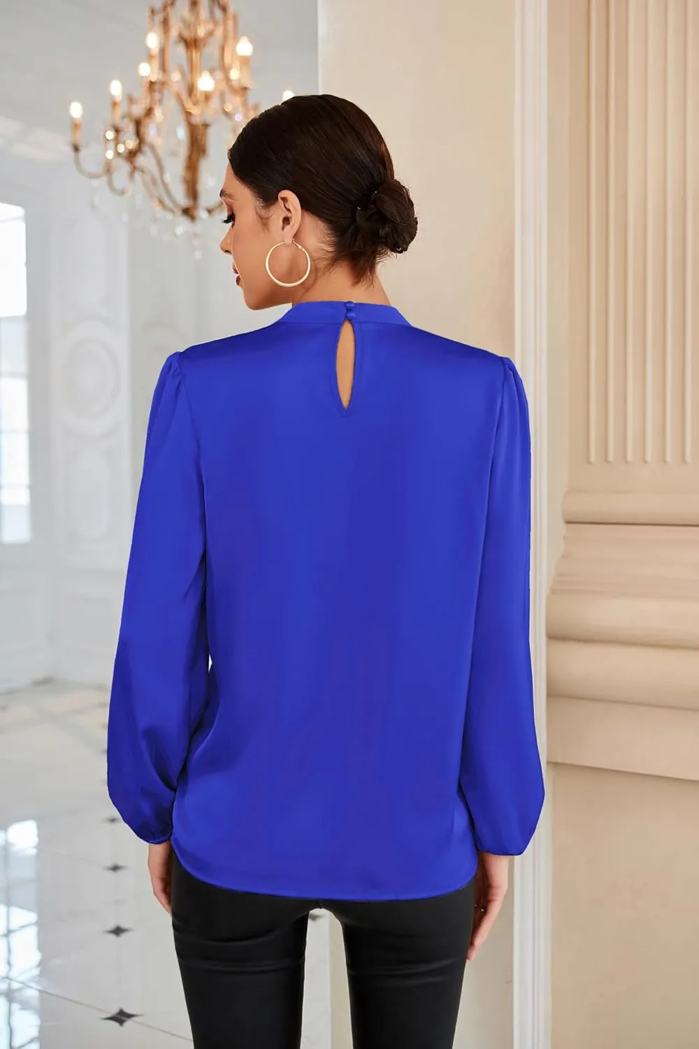 GRACE KARIN Women's Long Sleeve Shirts Mock Neck Casual Satin Blouse Tops for Business Office Work