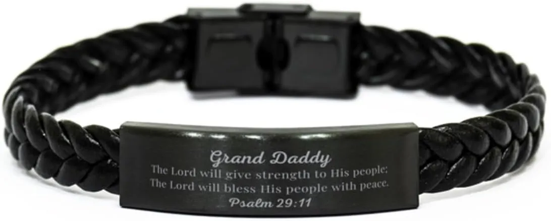 Grand Daddy Braided Leather Bracelet - The Lord will bless with peace, Inspirational Prayer Gifts for Birthday, Christmas, Veterans Day