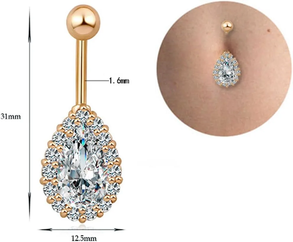 Greendou Fashion Jewelry 316L Stainless Steel Teardrop Belly Button Rings Body Piercing Reverse Sexy Navel Rings (Gold Clear)