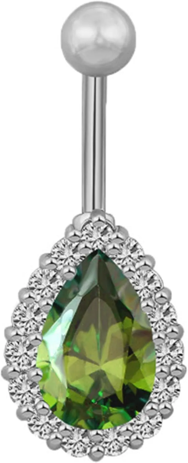 Greendou Fashion Jewelry 316L Stainless Steel Teardrop Belly Button Rings Body Piercing Reverse Sexy Navel Rings (Silver Green)