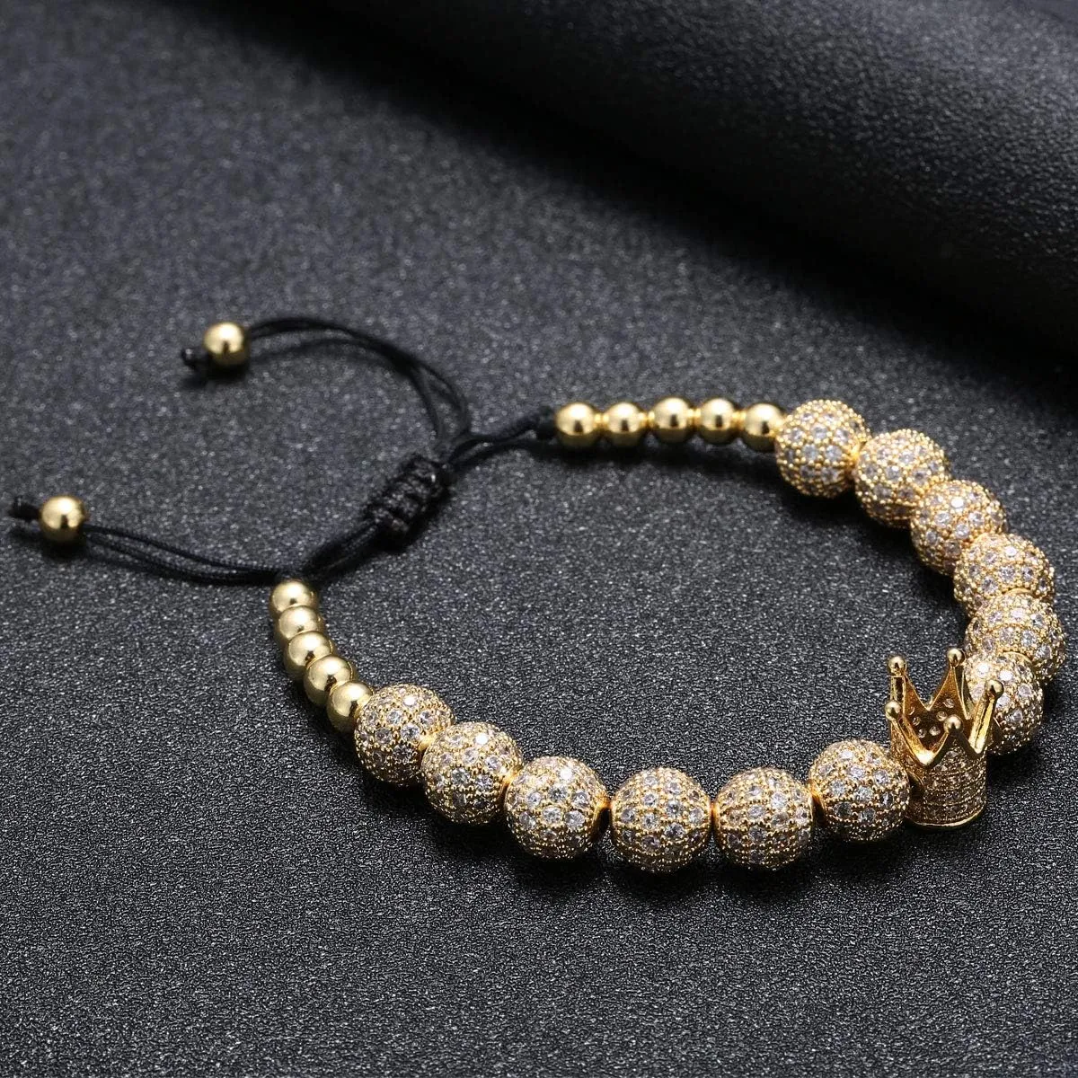 GVUSMIL Imperial Gold Crown 8mm Beads Bracelets Luxury CZ Italian Style Charm King Royal Bracelet for Men