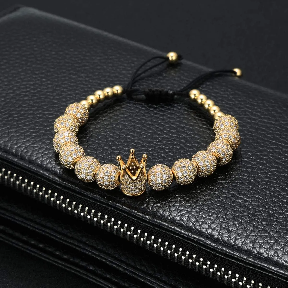 GVUSMIL Imperial Gold Crown 8mm Beads Bracelets Luxury CZ Italian Style Charm King Royal Bracelet for Men