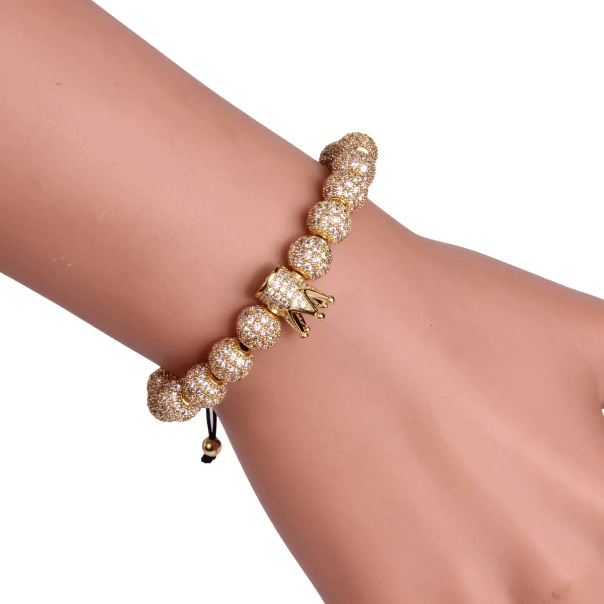 GVUSMIL Imperial Gold Crown 8mm Beads Bracelets Luxury CZ Italian Style Charm King Royal Bracelet for Men