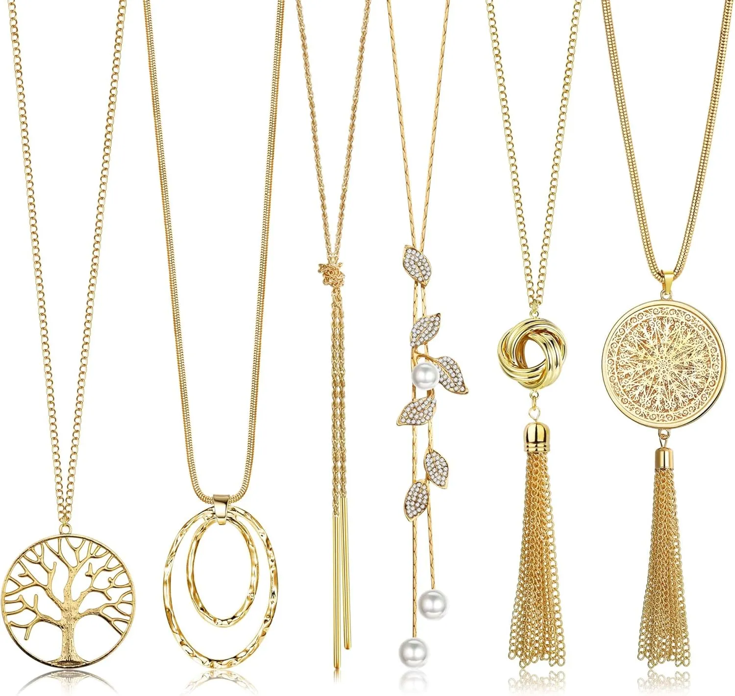 HAIAISO 6Pcs Long Necklaces for Women Tassel Pendant Necklace Circle Knot Bar Feather Leaf Sweater Necklace Statement Necklace for Women