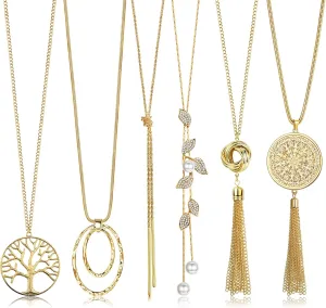 HAIAISO 6Pcs Long Necklaces for Women Tassel Pendant Necklace Circle Knot Bar Feather Leaf Sweater Necklace Statement Necklace for Women