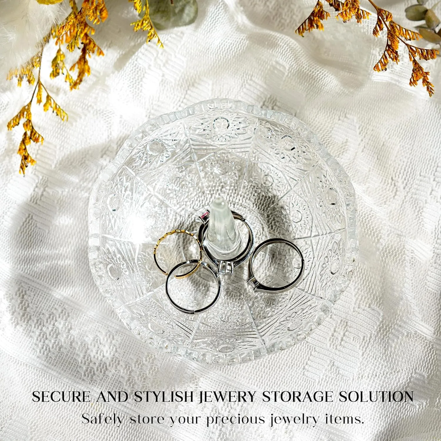 H&D HYALINE & DORA Crystal Ring Holder Dish, Clear Glass Ring Holder for Jewelry,Round Ring Holder Tray for Rings Earrings Necklace Organizer