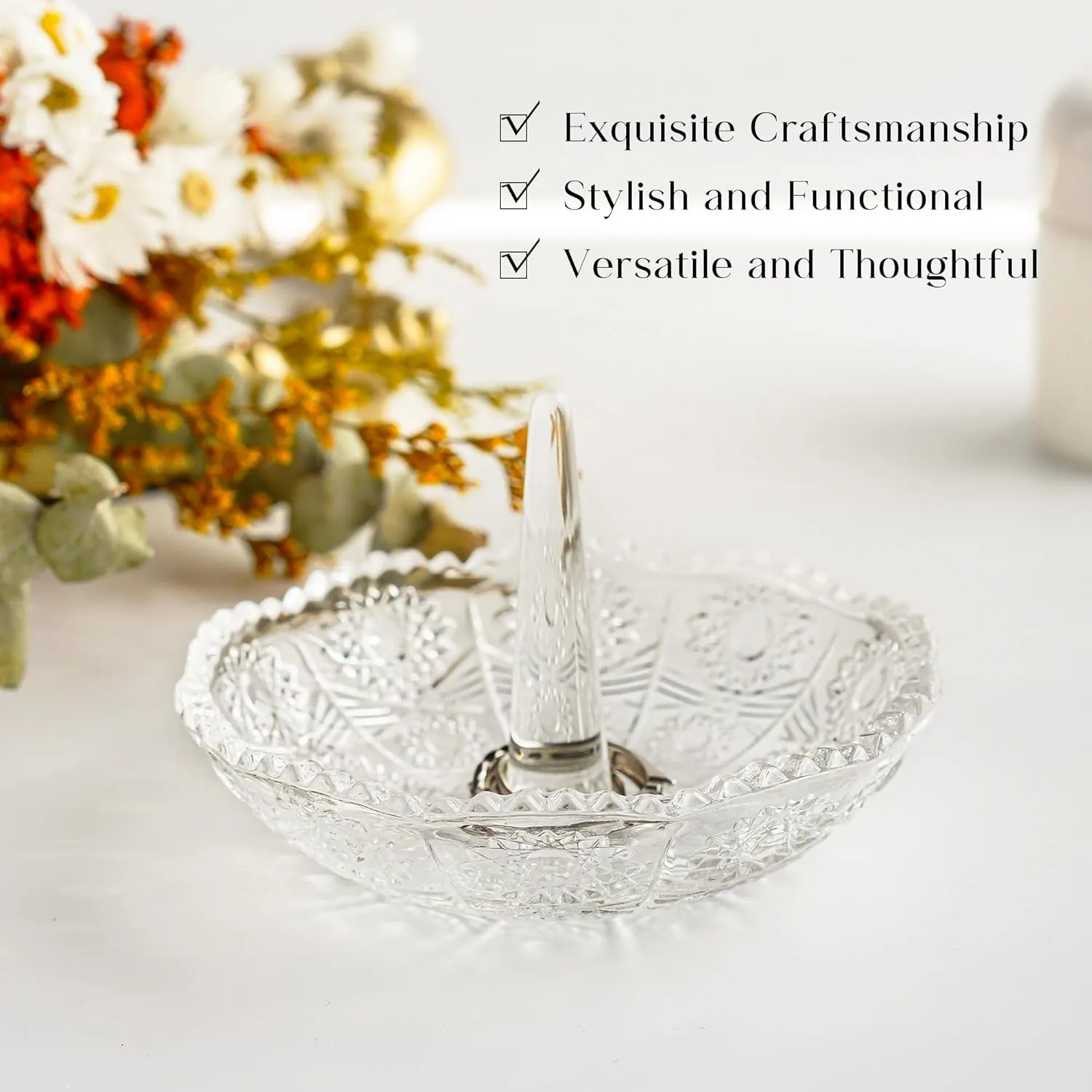 H&D HYALINE & DORA Crystal Ring Holder Dish, Clear Glass Ring Holder for Jewelry,Round Ring Holder Tray for Rings Earrings Necklace Organizer