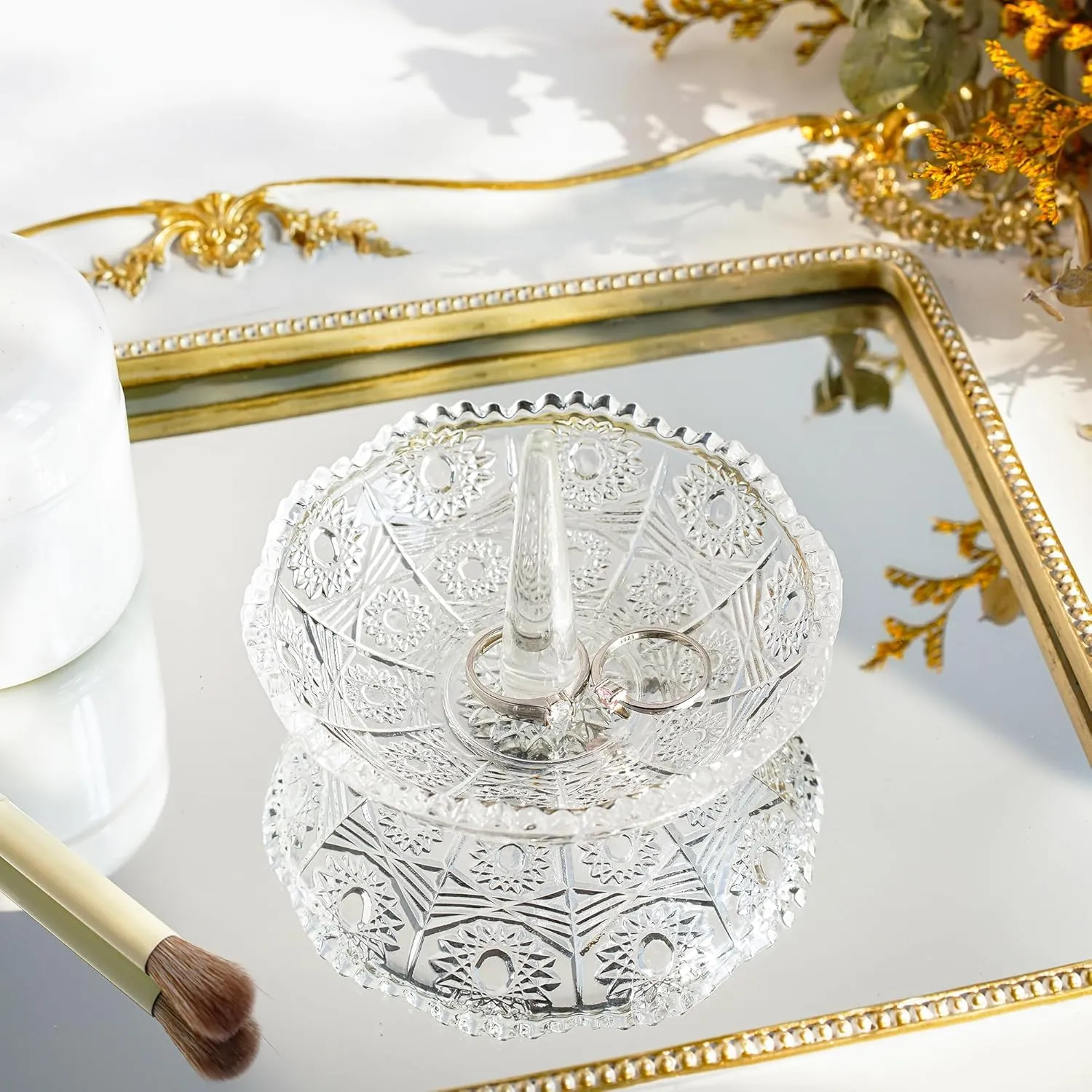 H&D HYALINE & DORA Crystal Ring Holder Dish, Clear Glass Ring Holder for Jewelry,Round Ring Holder Tray for Rings Earrings Necklace Organizer