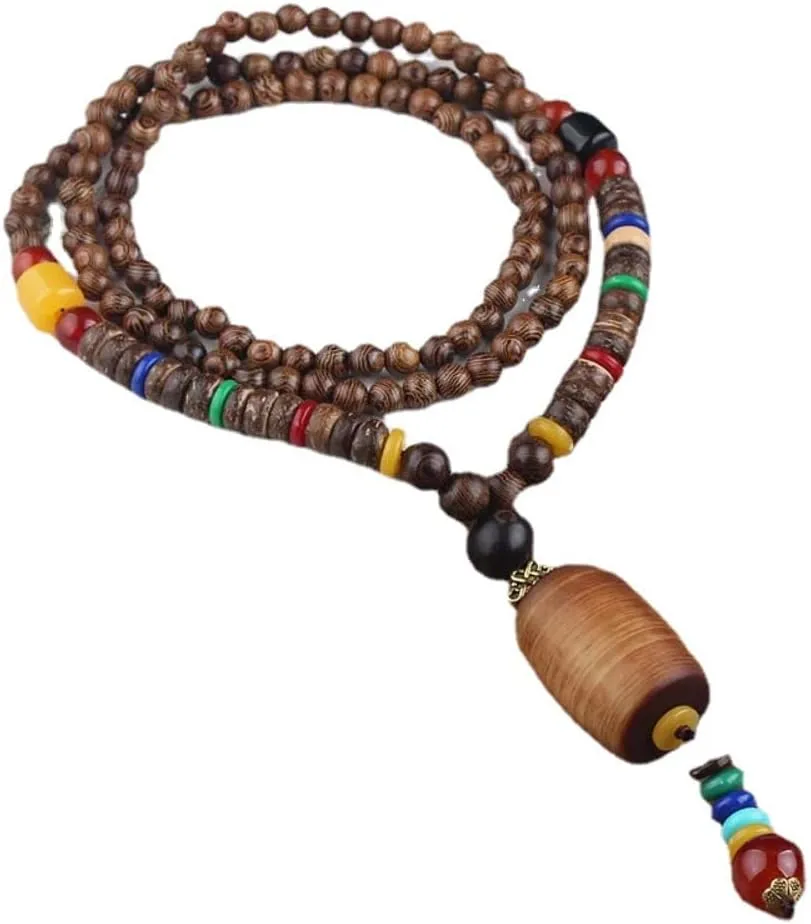 Handmade Necklace Nepal Buddhist Mala Wood Beads Pendant Necklace Ethnic Jewelry