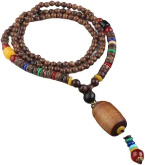 Handmade Necklace Nepal Buddhist Mala Wood Beads Pendant Necklace Ethnic Jewelry