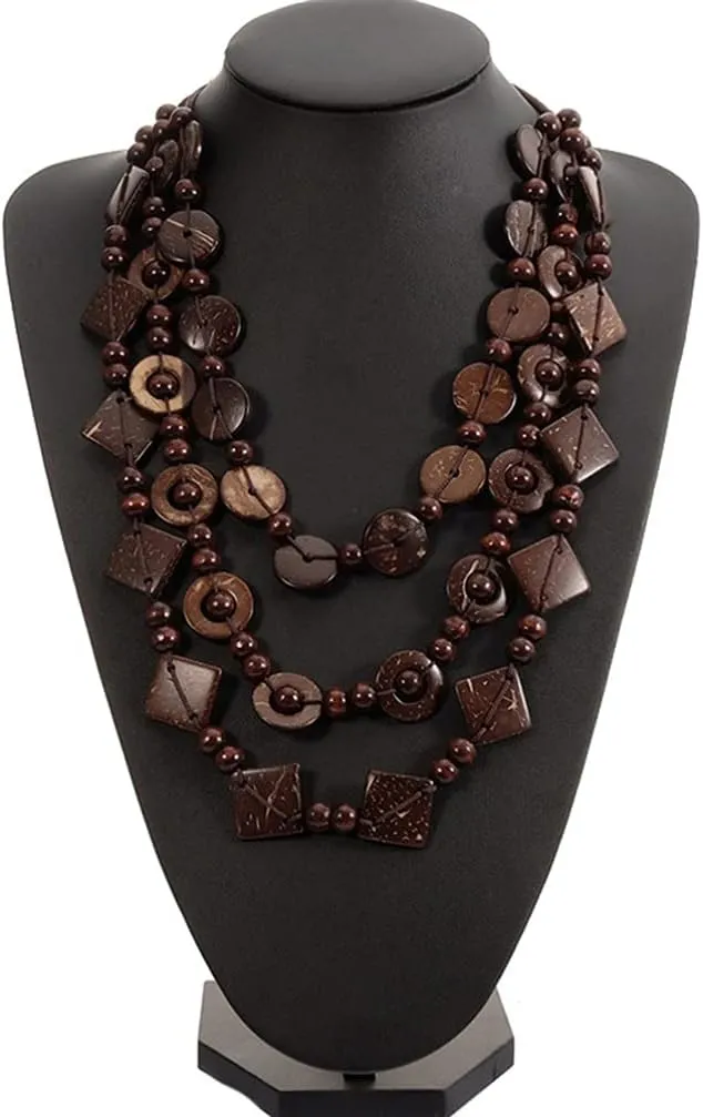 Happyyami 3- Layered Statement Necklace Womens Bohemia Choker Necklaces Multicolor Fashion Wood Bead Necklace