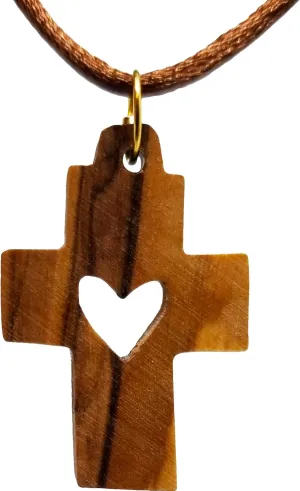 Heart Cross, Wooden Cross Necklace for Men & Women, Certified Holy Land Olive Wood Orthodox Pendant Necklace from Bethlehem Israel, Christian & Catholic Religious Keepsake Gift