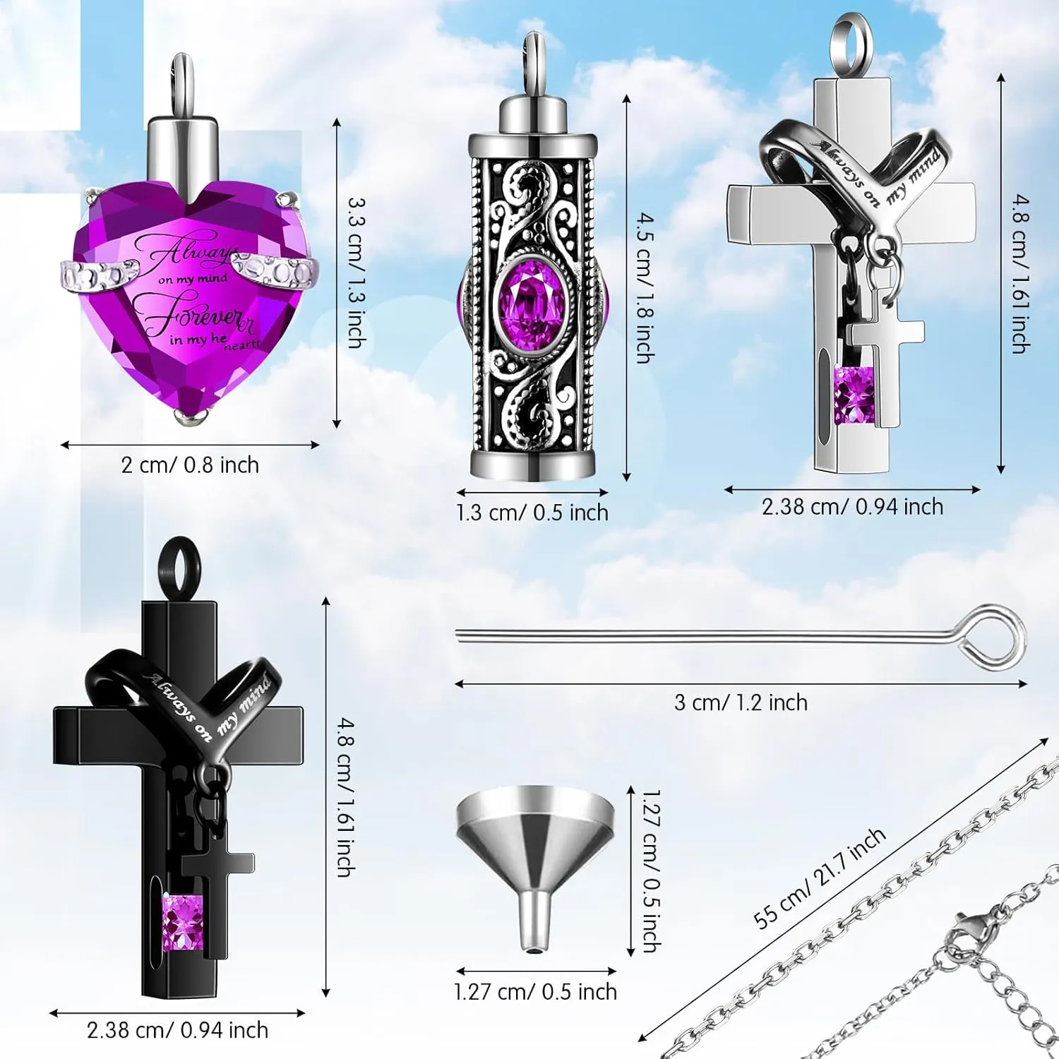 Henoyso 12 Pcs Urn Necklace for Ashes Bulk Cremation Cross Heart Cubic Jewelry Stainless Steel Memorial Locket for Men Women