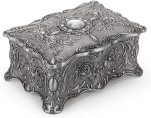Hipiwe Vintage Rectangular Jewelry Box - Enameled Trinket Box Organizer Two Layer Treasure Chest Box Jewelry Decorative box Keepsake Gift Box Case for Women Girls (Metallic Grey, Large)