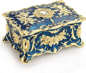 Hipiwe Vintage Rectangular Jewelry Box,Small Enameled Trinket Box Organizer Two Layer Treasure Chest Box Jewelry Decorative box Keepsake Gift Box Case for Women Girls (Blue, Medium)