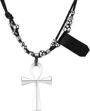 Hippie Leather Ankh Pendant Necklace: Punk Egyptian Cross Stainless Steel Beads Boho Braided Rope Leather Cord Necklace for Men Women