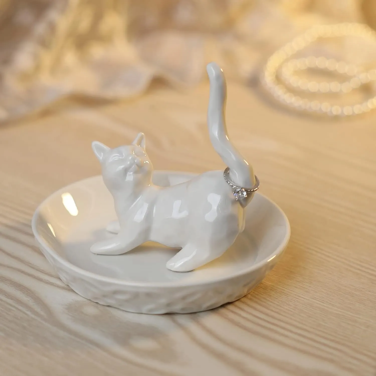 HOME SMILE Cat Ring Holder, Ceramic Jewelry Holder, Cat Gifts for Women, Mother's Day