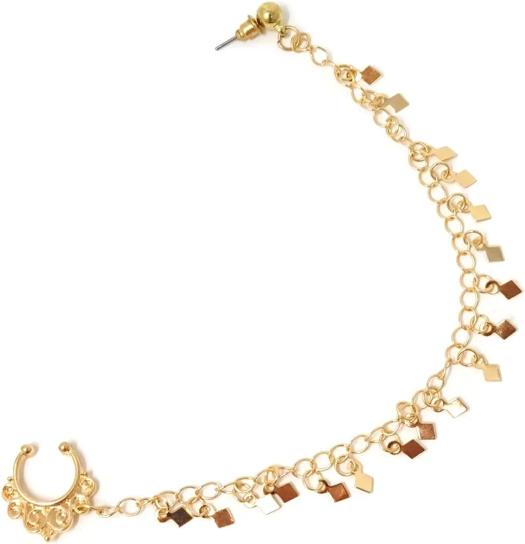 Honbay Body Jewelry Fake Septum Ring Non Piercing Nose Rings with Chain Nose to Ear Chain with Tassel (Gold)