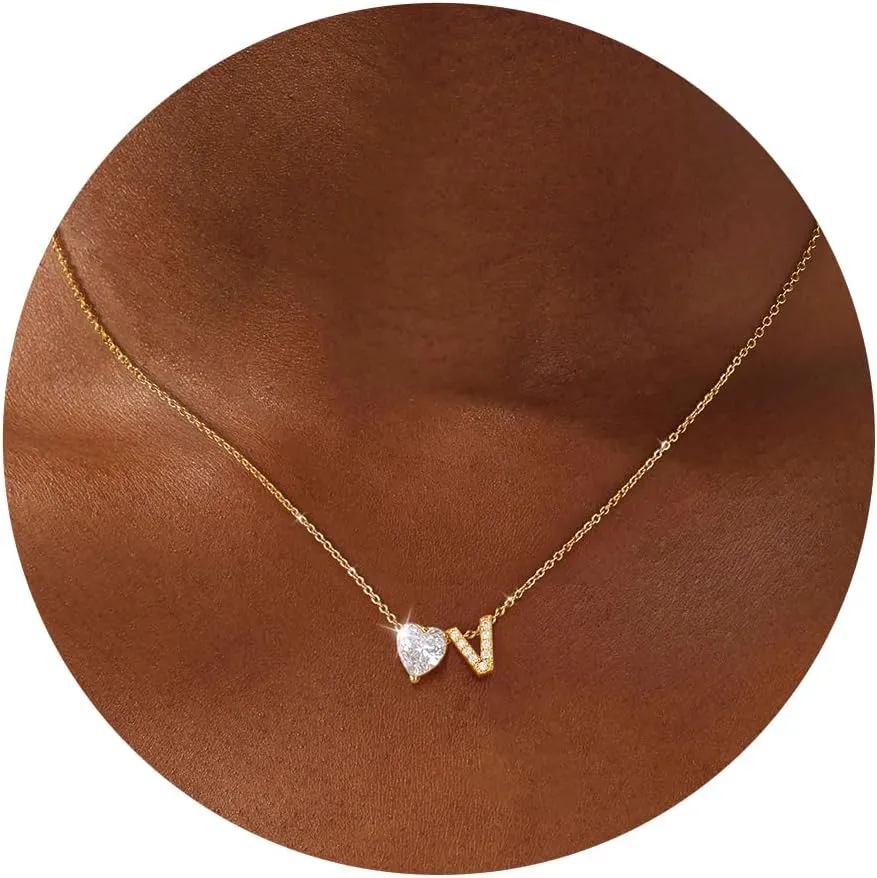 Honsny Gold Heart Initial Necklaces for Women 18K Gold Plated Letter A-Z Necklace Dainty Cute CZ Heart Initial Necklace Personalized Gold Jewelry Birthday Gifts for Women Trendy