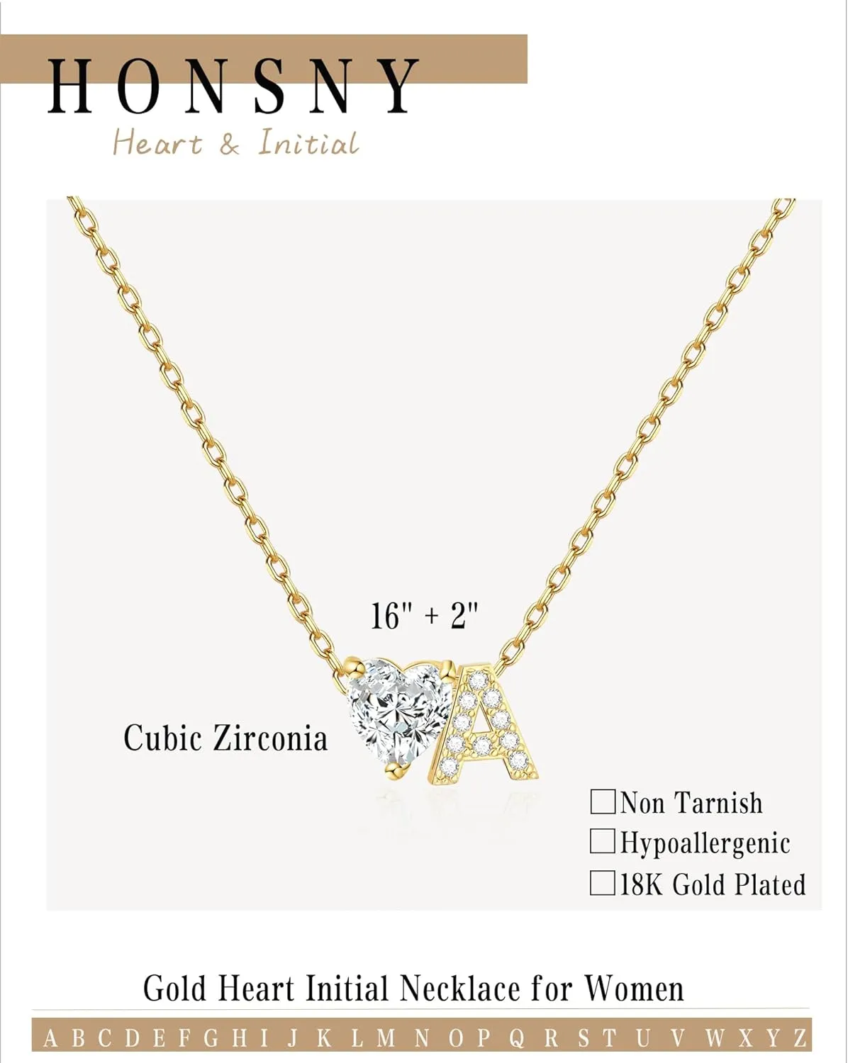 Honsny Gold Heart Initial Necklaces for Women 18K Gold Plated Letter A-Z Necklace Dainty Cute CZ Heart Initial Necklace Personalized Gold Jewelry Birthday Gifts for Women Trendy
