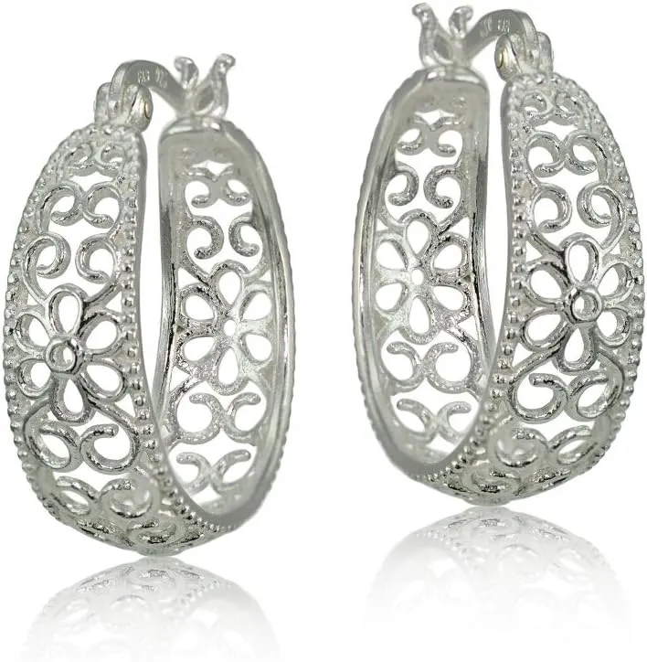 Hoops & Loops 925 Sterling Silver High Polished Filigree Floral 22mm Round Hoop Earrings for Women Teen Girls, Silver Yellow Gold Rose Gold