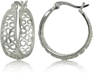 Hoops & Loops 925 Sterling Silver High Polished Filigree Floral 22mm Round Hoop Earrings for Women Teen Girls, Silver Yellow Gold Rose Gold