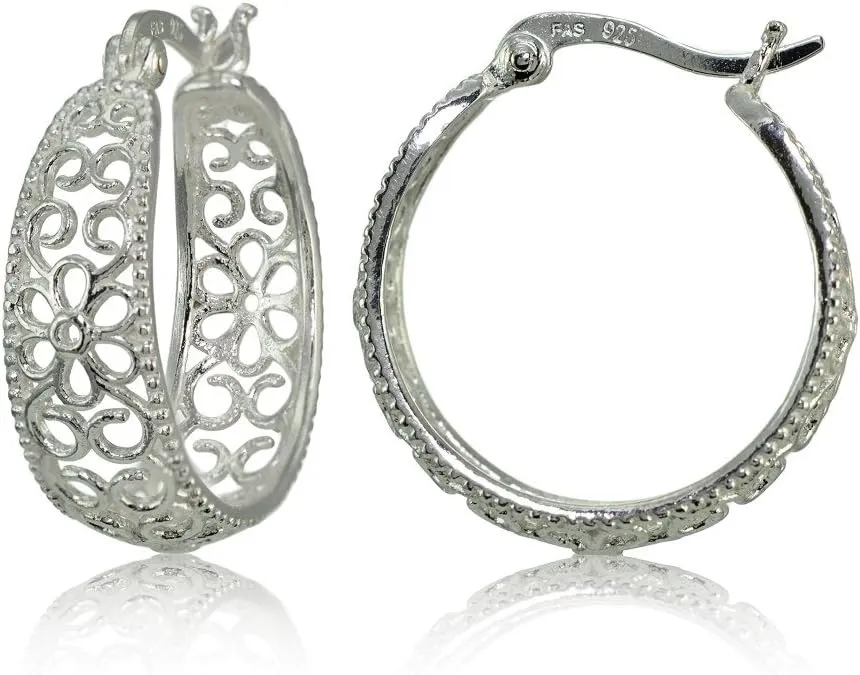 Hoops & Loops 925 Sterling Silver High Polished Filigree Floral 22mm Round Hoop Earrings for Women Teen Girls, Silver Yellow Gold Rose Gold