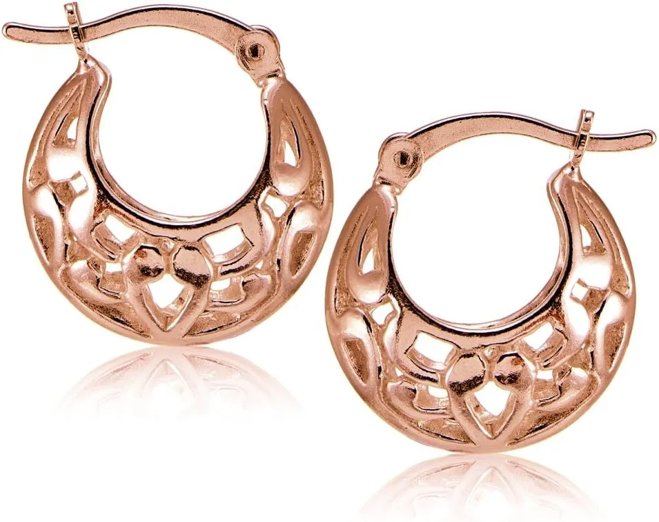 Hoops & Loops 925 Sterling Silver High Polished Lightweight Filigree Round 17mm Small Hoop Earrings for Women, Silver, Yellow Gold & Rose Gold