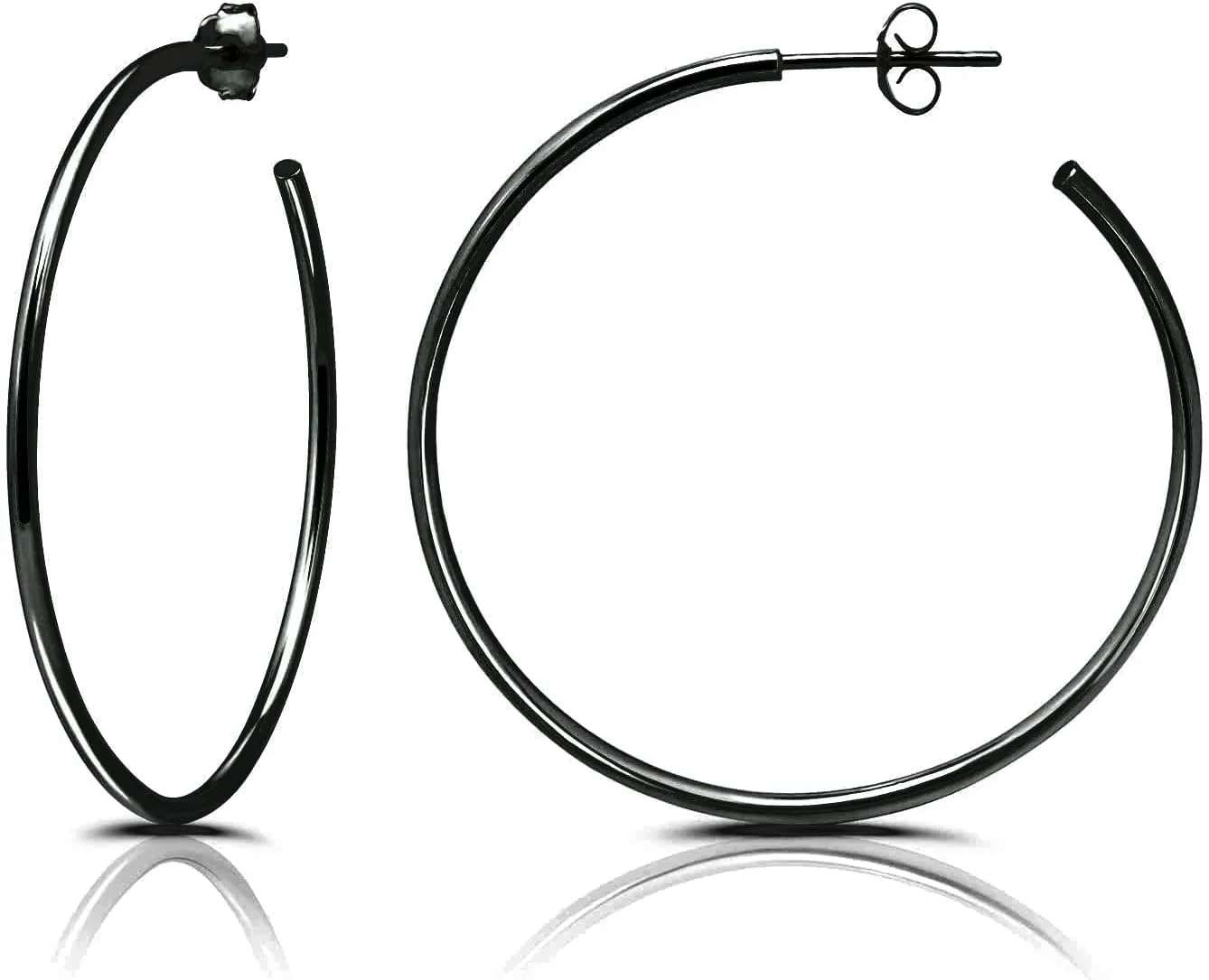 Hoops & Loops 925 Sterling Silver Open 1.5mm Thin Polished Round C-Hoop Earrings for Women, Silver, Yellow, Rose Gold, Black 15mm-40mm
