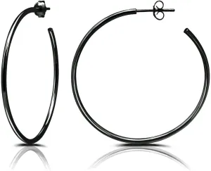 Hoops & Loops 925 Sterling Silver Open 1.5mm Thin Polished Round C-Hoop Earrings for Women, Silver, Yellow, Rose Gold, Black 15mm-40mm