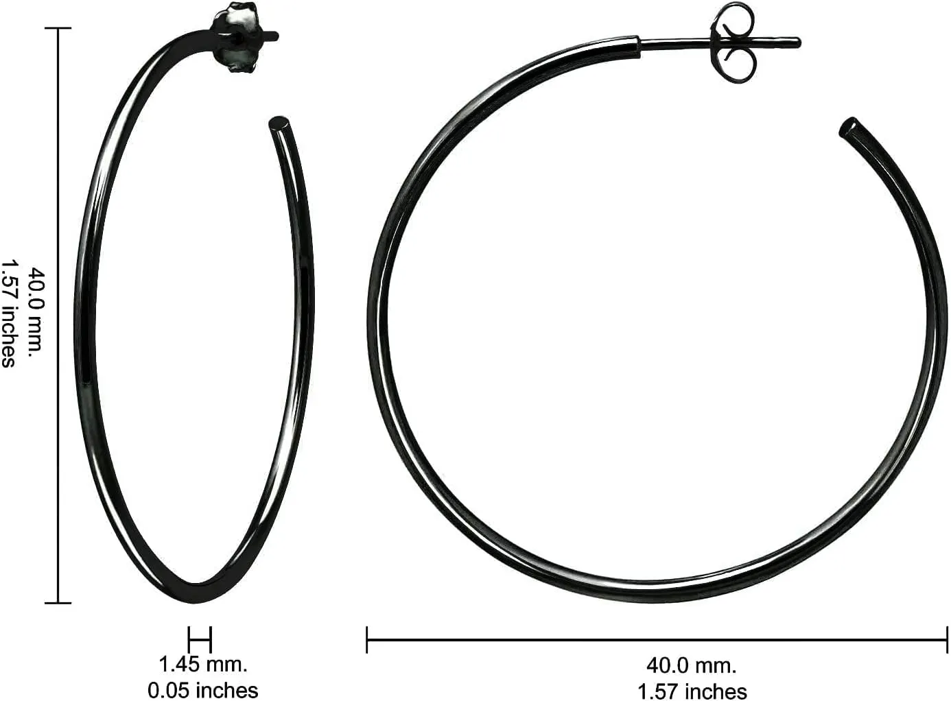 Hoops & Loops 925 Sterling Silver Open 1.5mm Thin Polished Round C-Hoop Earrings for Women, Silver, Yellow, Rose Gold, Black 15mm-40mm
