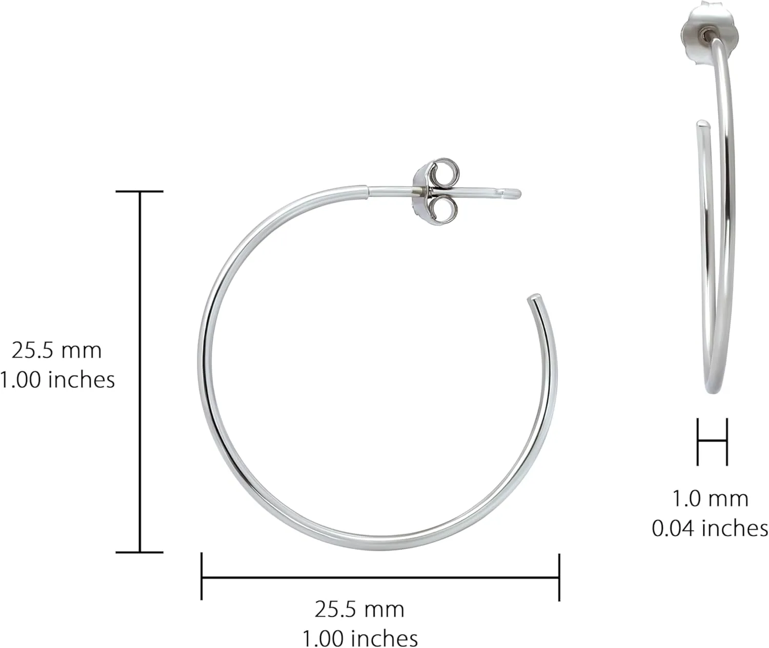 Hoops & Loops 925 Sterling Silver Open 1.5mm Thin Polished Round C-Hoop Earrings | Silver, Yellow, Rose Gold Flashed Sterling Silver 15mm 20mm 25mm 35mm 45mm