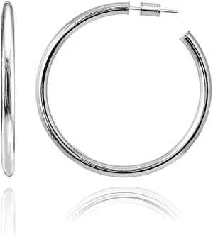 Hoops & Loops 925 Sterling Silver Open 3mm Thin High Polished Hypoallergenic Round C-Hoop Earrings,15mm-50mm