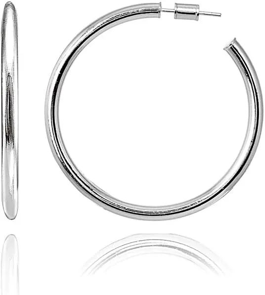 Hoops & Loops 925 Sterling Silver Open 3mm Thin High Polished Hypoallergenic Round C-Hoop Earrings,15mm-50mm