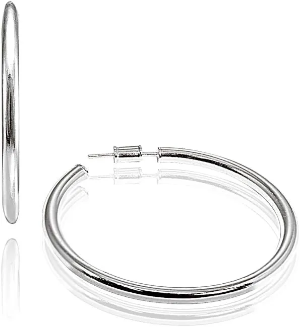 Hoops & Loops 925 Sterling Silver Open 3mm Thin High Polished Hypoallergenic Round C-Hoop Earrings,15mm-50mm