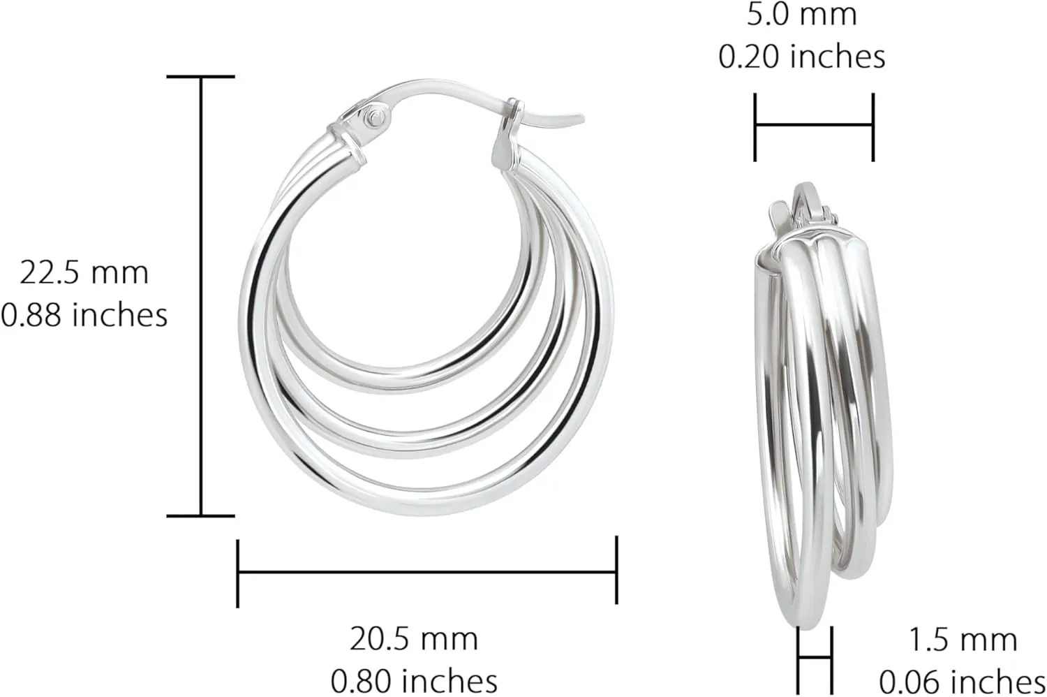 Hoops & Loops 925 Sterling Silver Triple Circle Round-Tube High Polished Hoop Earrings for Women, 20mm, 25mm