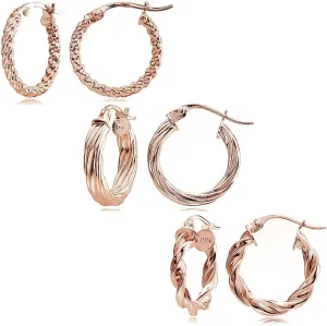 Hoops & Loops 925 Sterling Silver Twist Design High Polished Lightweight 15mm Round Hoop Earrings for Women, Set of 3 Pairs