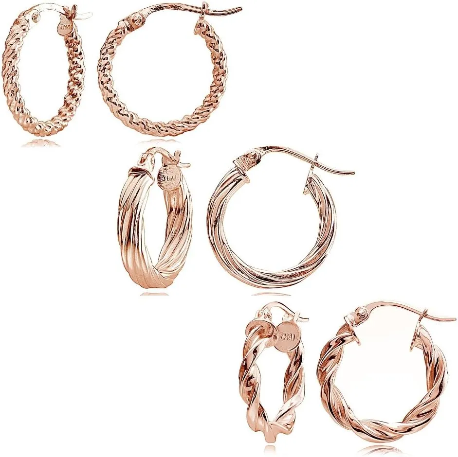 Hoops & Loops 925 Sterling Silver Twist Design High Polished Lightweight 15mm Round Hoop Earrings for Women, Set of 3 Pairs