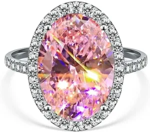 hsiyyecg Split Shank Platinum Plated Pink Crystal Rings, Big Oval Cubic Zirconia Ring, Women's Fashion Wedding Engagement Solitaire Rings Gifts (US Size 7)