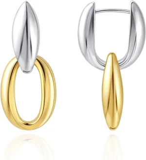 Hypoallergenic Chunky Two Tone Mixed Metal Hoop Earrings for Women | 14K Gold and Silver Plated Drop Dangle Jewelry | Paperclip Chain Design, Detachable Ovals for Sensitive Ears, Daily to Party