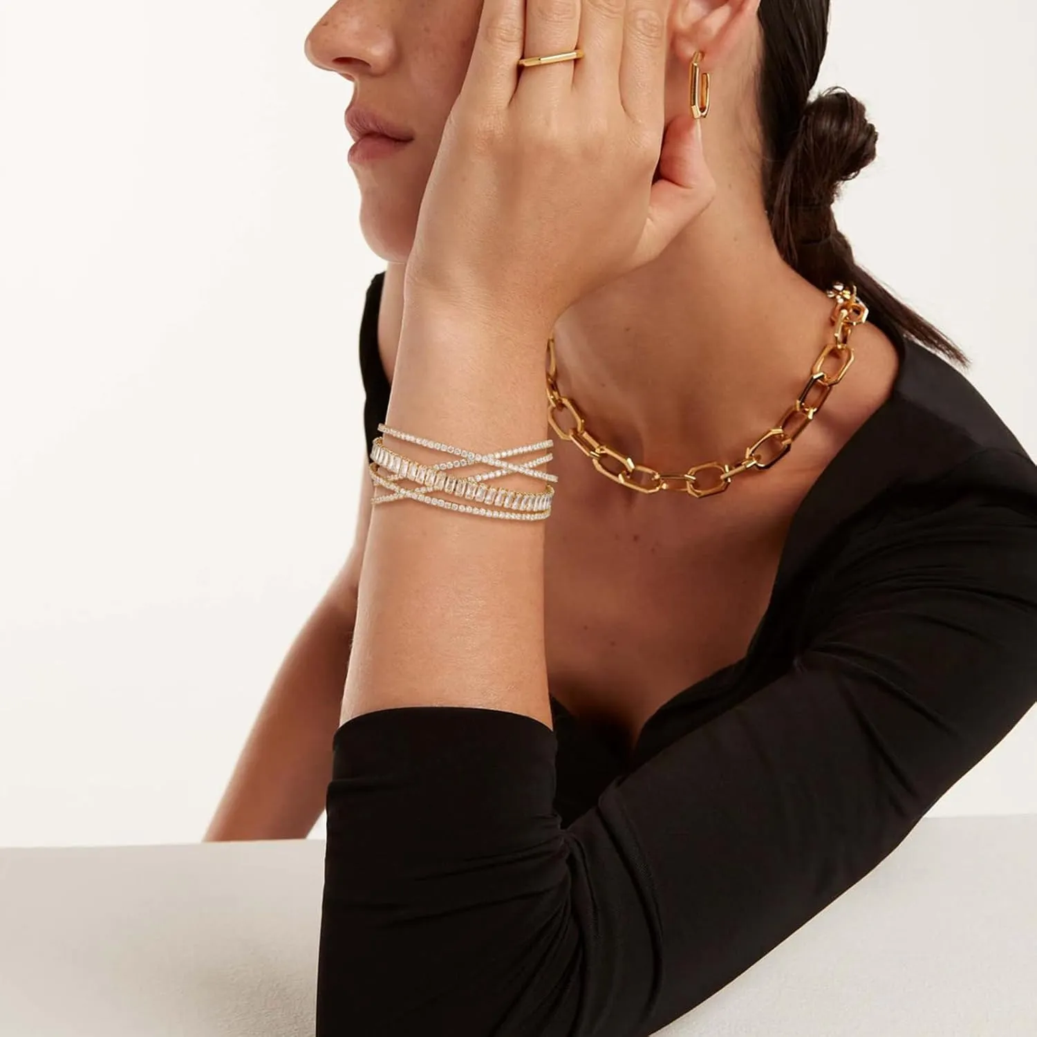 HZMAN Crystal Rhinestone Cuff Bracelet for Women Dainty MultiLayer Bracelet 5 Rows Layered Bracelets Jewelry for Prom Party Wedding