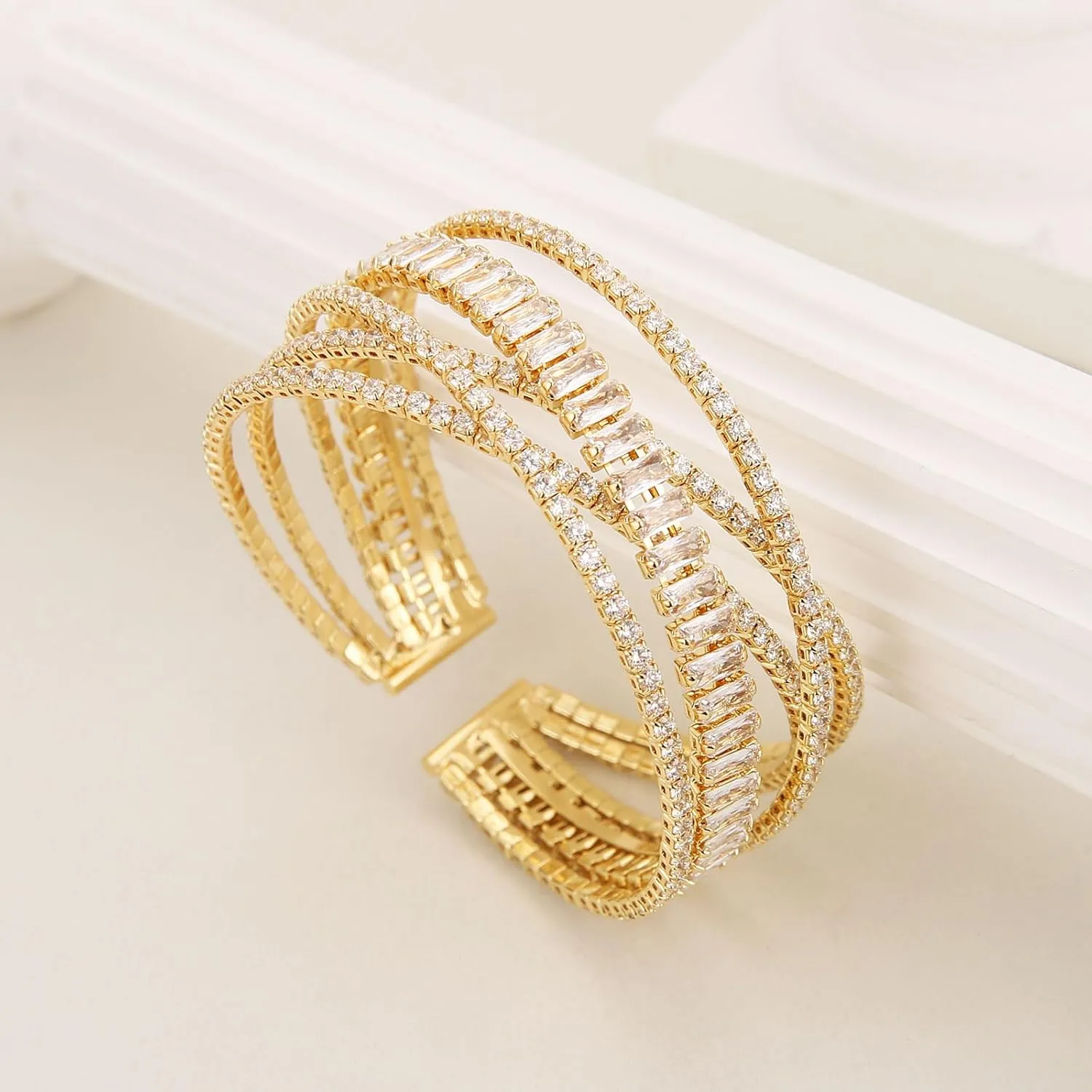 HZMAN Crystal Rhinestone Cuff Bracelet for Women Dainty MultiLayer Bracelet 5 Rows Layered Bracelets Jewelry for Prom Party Wedding