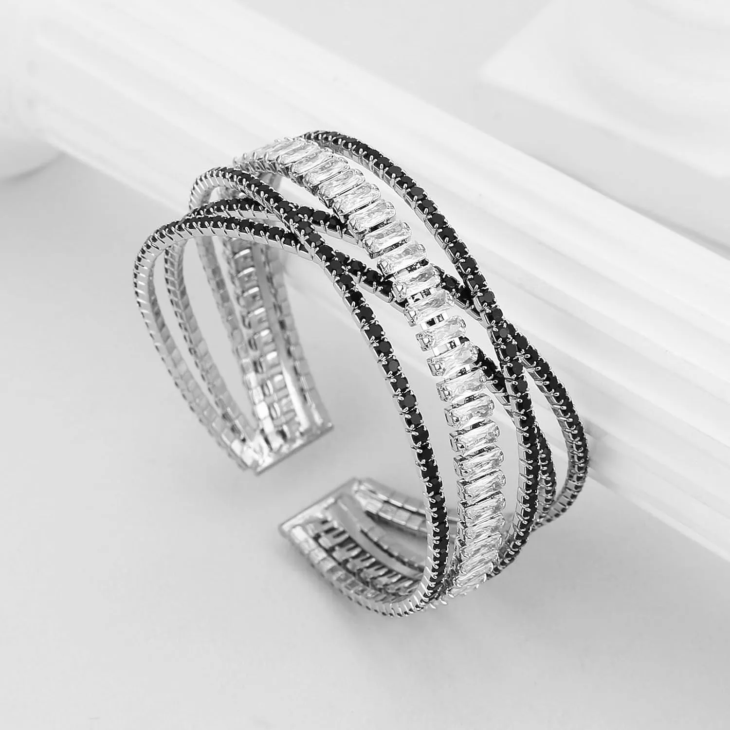 HZMAN Crystal Rhinestone Cuff Bracelet for Women Dainty MultiLayer Bracelet 5 Rows Layered Bracelets Jewelry for Prom Party Wedding