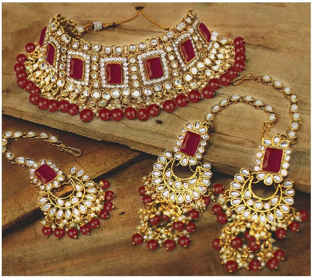 I Jewels Elegant Indian Wedding Faux Bollywood Pearl Kundan Studded Bridal Necklace Set