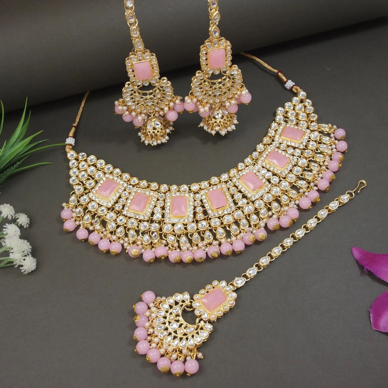 I Jewels Elegant Indian Wedding Faux Bollywood Pearl Kundan Studded Bridal Necklace Set