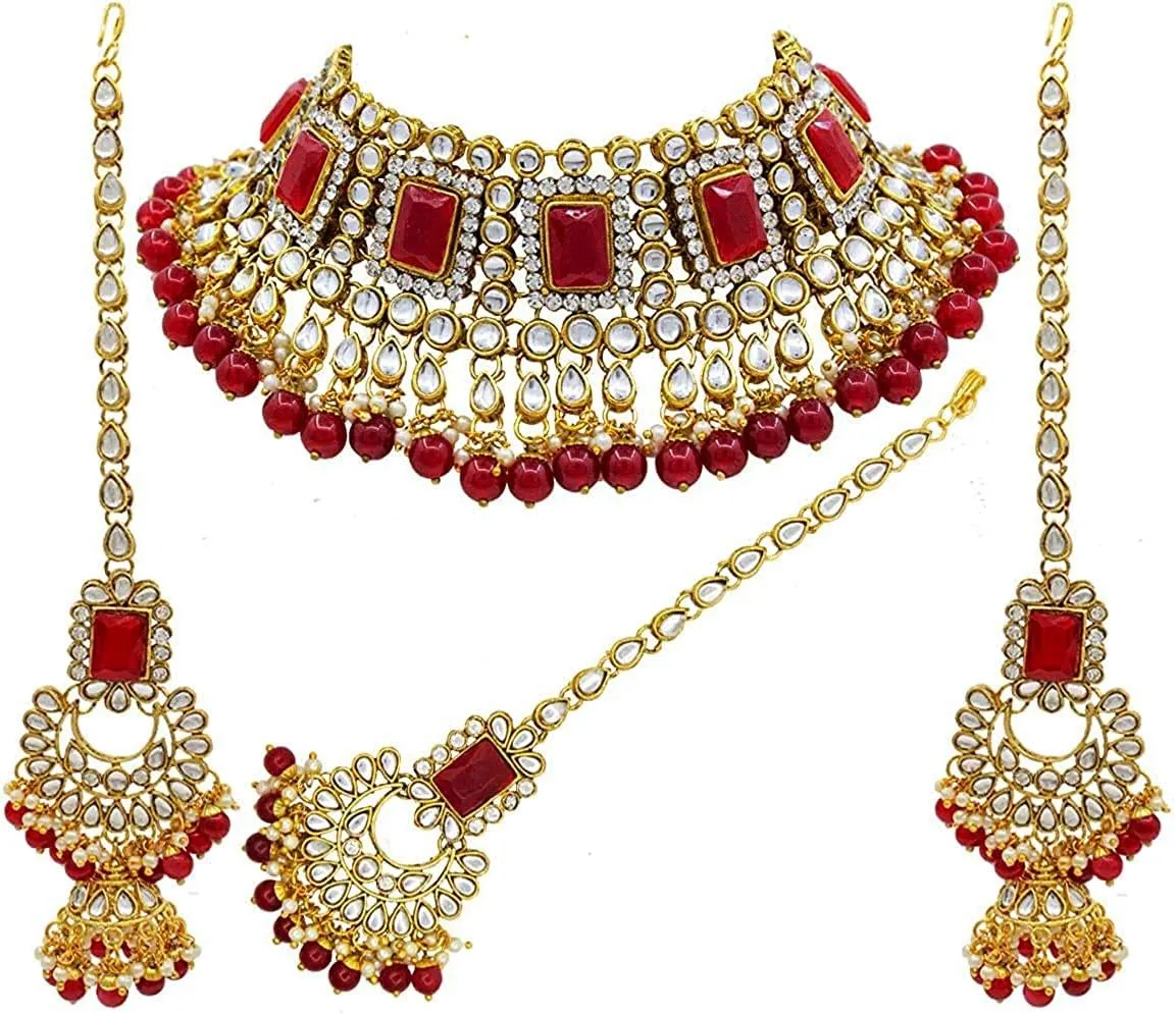 I Jewels Elegant Indian Wedding Faux Bollywood Pearl Kundan Studded Bridal Necklace Set